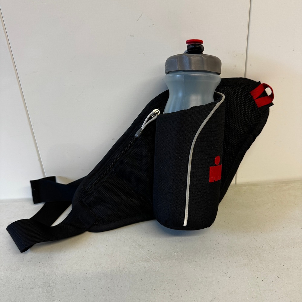 Ironman Running Hydration Belt Waist Pack with Water Bottle Black Red Reflective
